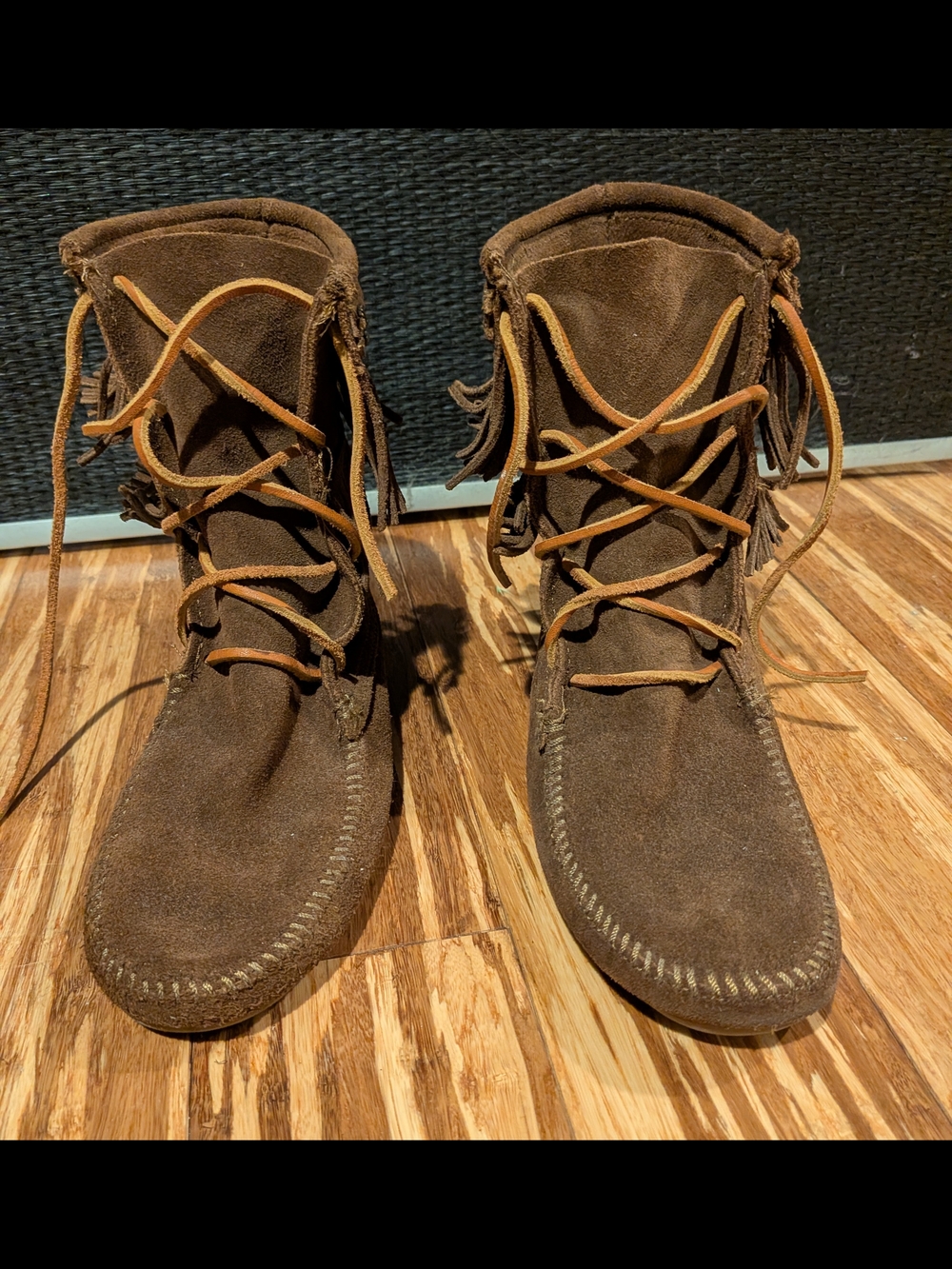 Minnetonka Brown Suede Moccasin Boots with Fringe
